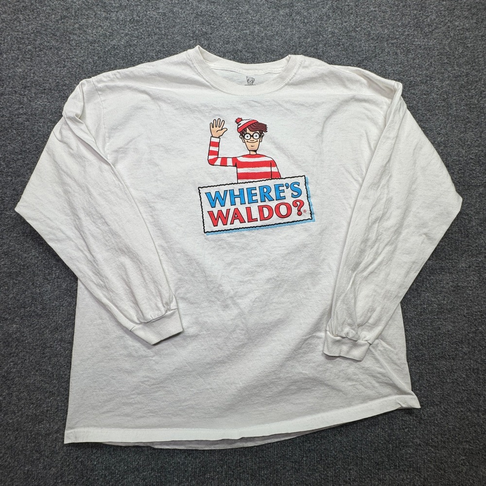 Where's Waldo? T-Shirt Mens XXL White Long Sleeve Graphic Cartoon‎ Camping Map